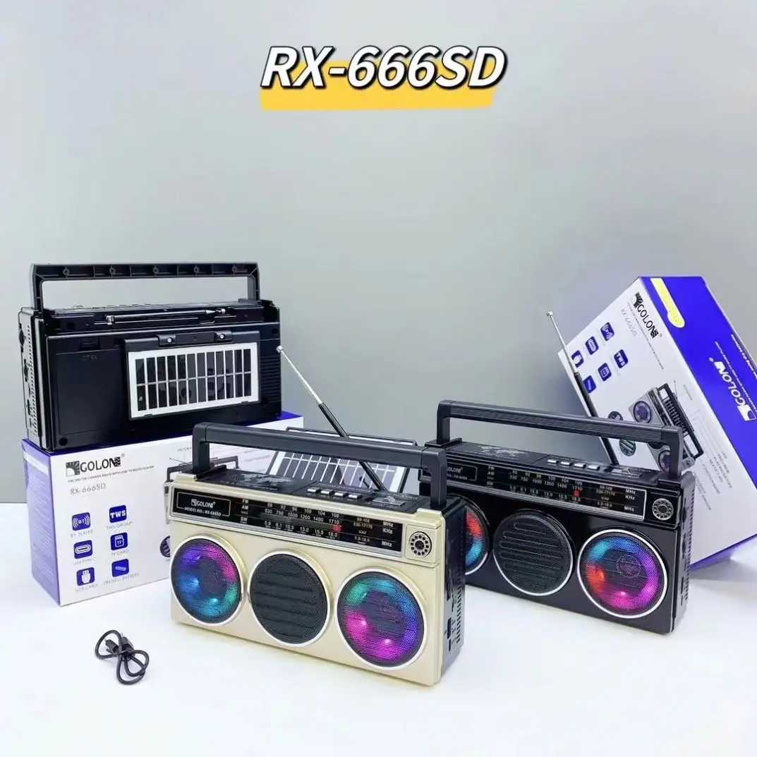 Cross-Border New Arrival Retro BT Audio AM/FM/SW Portable Solar Outdoor Portable Pluggable Radio