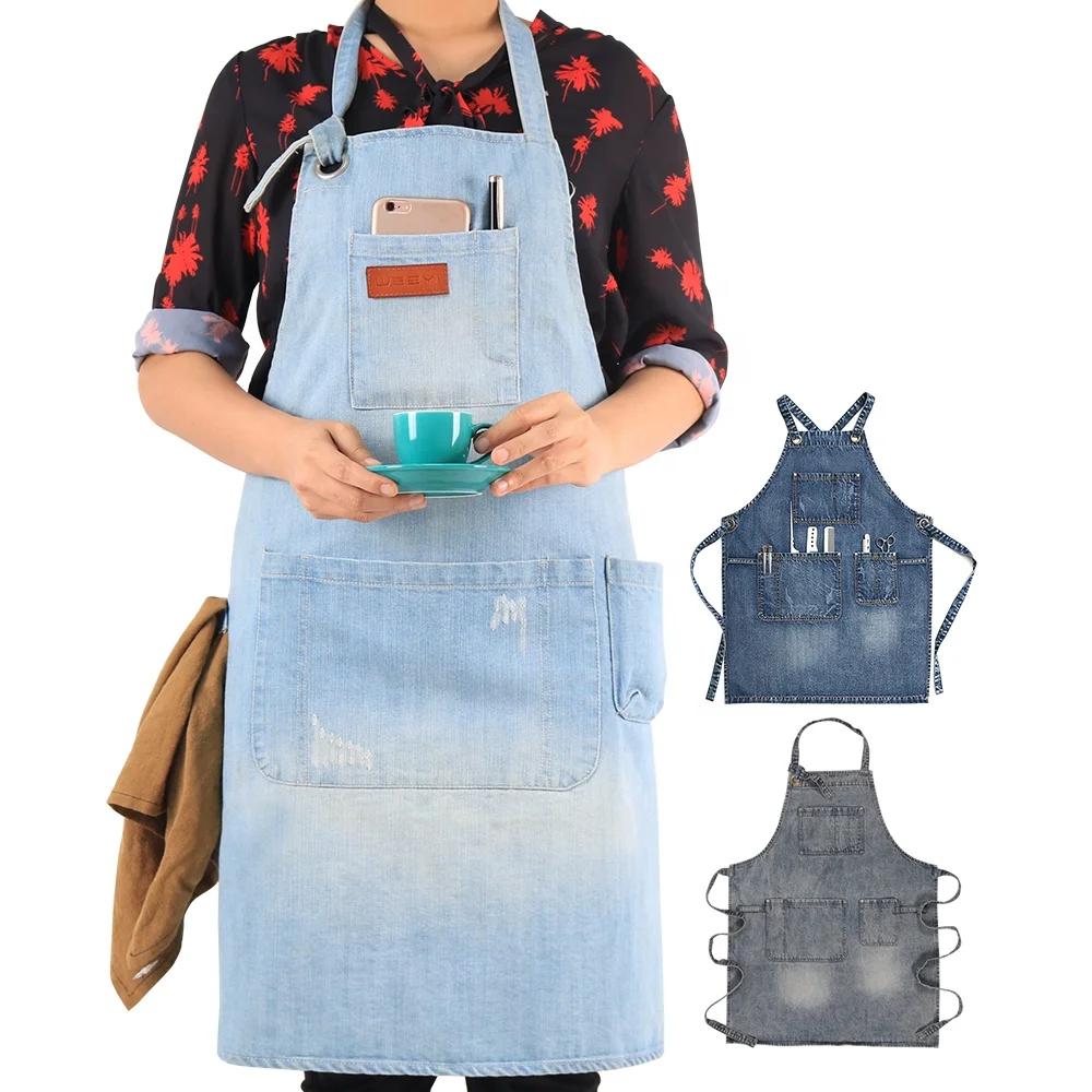 CHANGRONG Custom Professional adjustable women men barista Jean denim Apron with logo