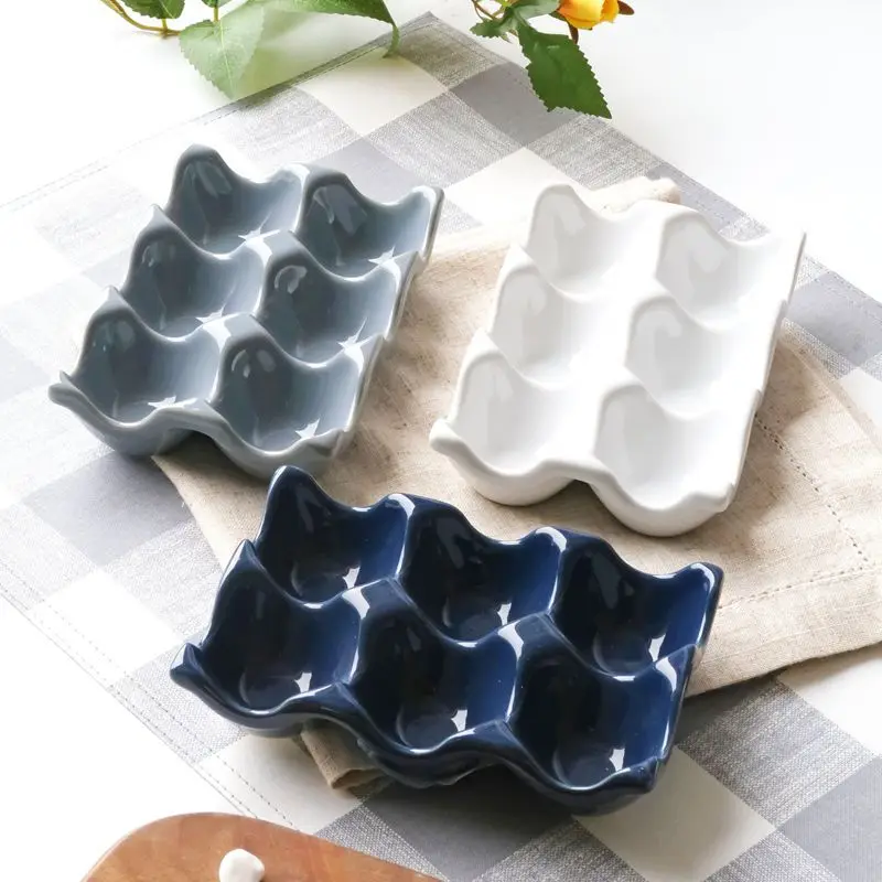 6 Grids Ceramic Egg Tray - Half Dozen Egg Holder Container Keeper Storage Organizer Decorative Serving Plate Kitchen Accessories
