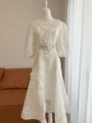 Wholesale Getspring Women Dress Vintage O Neck Puff Sleeve Flower Belt Large Hem Long White Lace Dress Party Dress 2022