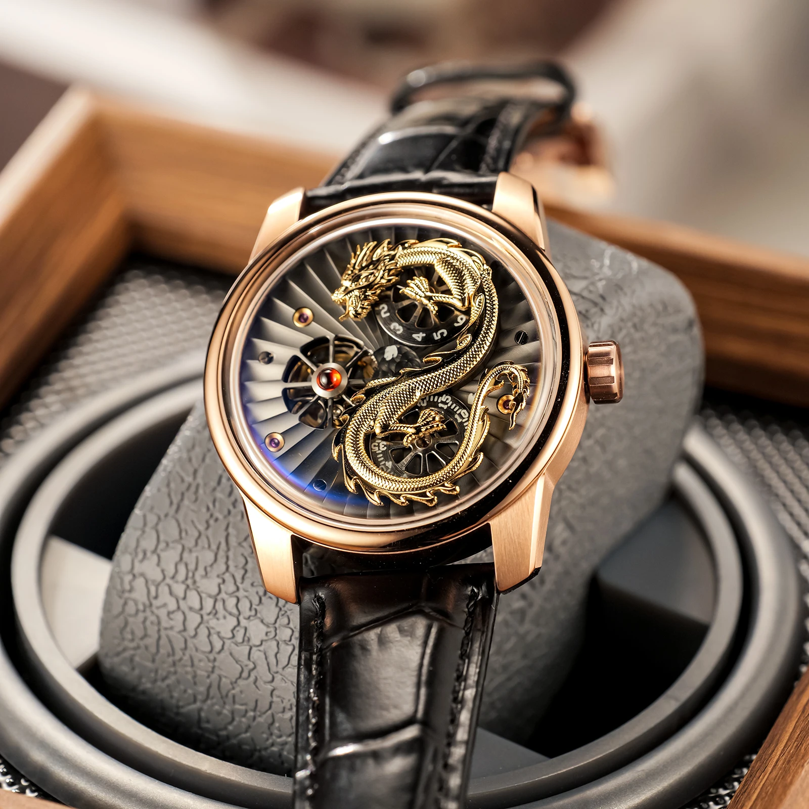 OBLVLO Hot Sale 3D Gold Dragon with Wheels Automatic Watch Mens Super Luminous Crocodile Print Leather Classic Watch JM-DRAGON