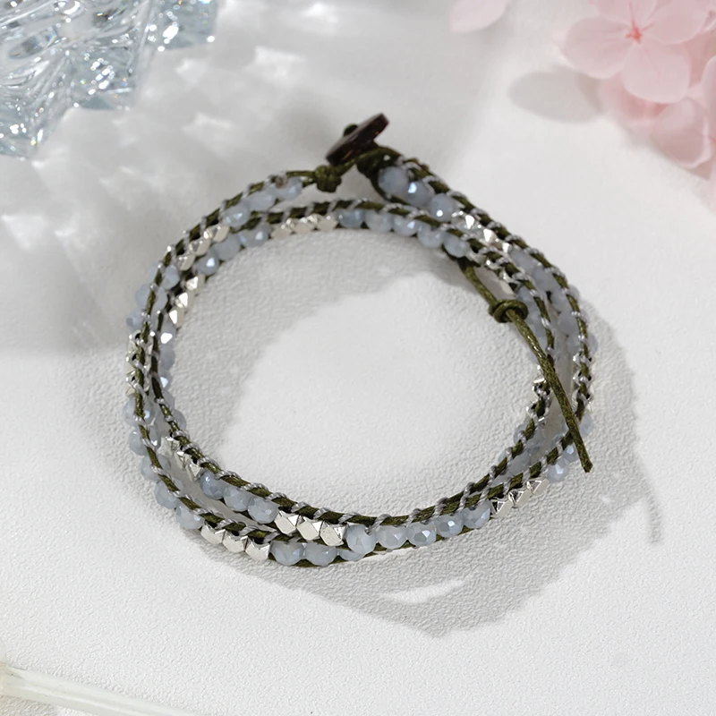 Vintage Style Double-Deck Natural Rhombus Gray Crystal Stone Bracelets Coconut Shell Braided Bracelet For Women Men Gifts S447