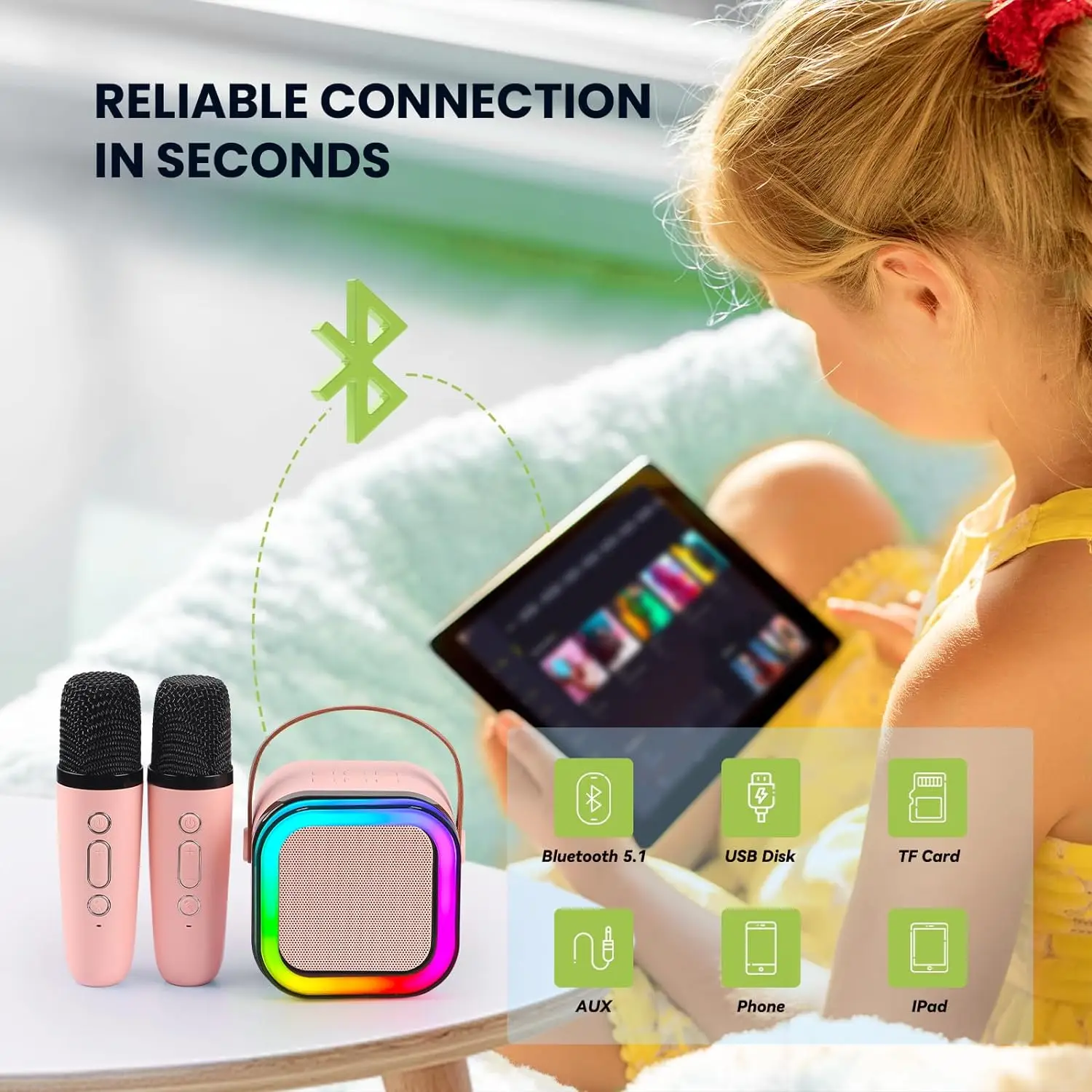 Мини-караоке портативная беспроводная Bluetooth-колонка с двумя микрофонами цветными огнями для детей и взрослых