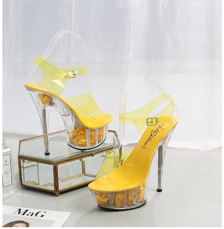 Stylish Women Heel Shoes 15 CM High Heels Flower Platform Slippers Thin Heel Sandals for Women and Ladies