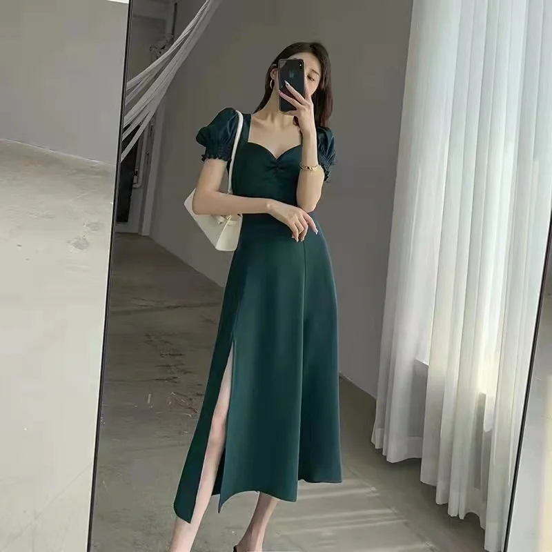ladies Fashion Casual Summer Clothing Bridesmaid Party Wear Puff Sleeve Solid Color Chiffon Bodice Wrap Midi Sundress For Women