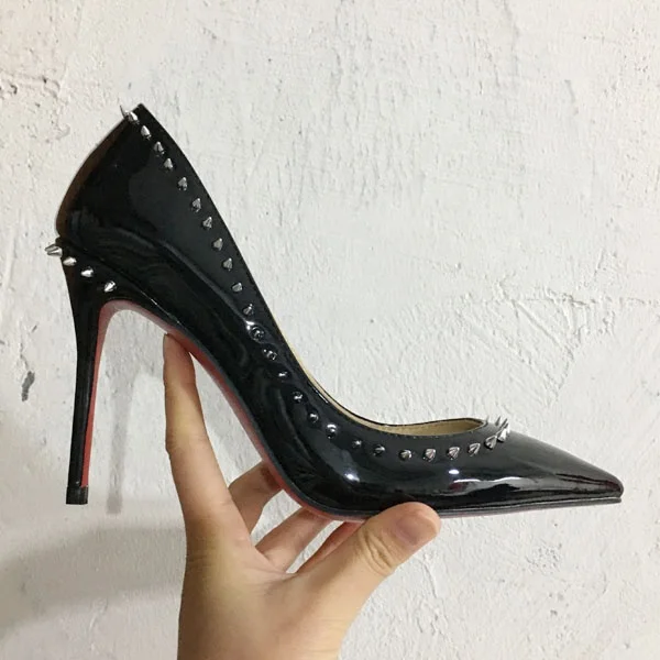 Hoslasen shoe factory black patent with silver rivets 100mm heel pumps custom high heel shoes