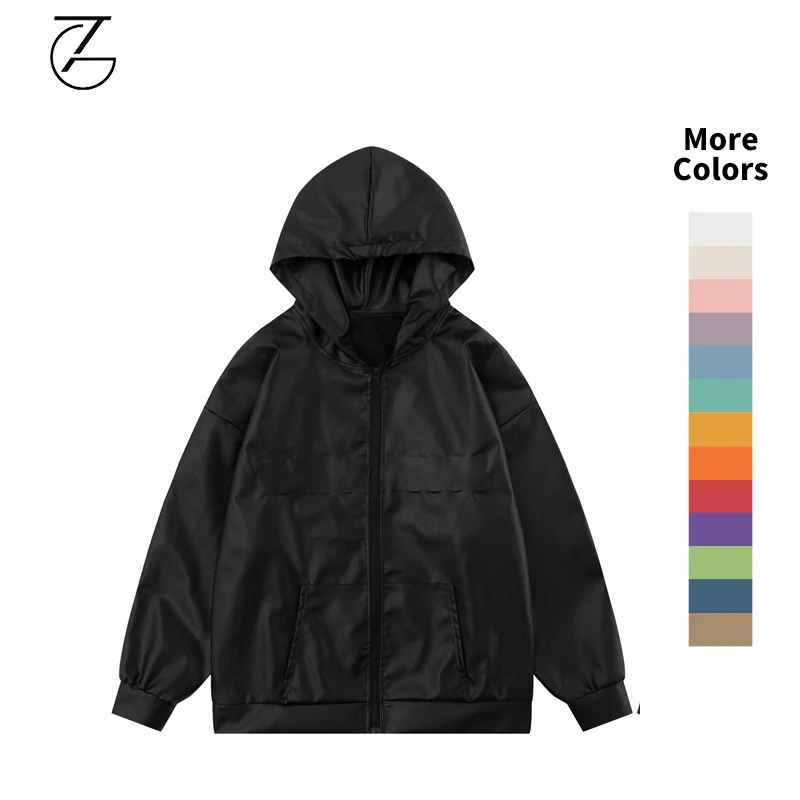 New Arrival Custom Print Embossed Mens Hoodies Fashion  PU Leather Zip Up Hoodie For Men