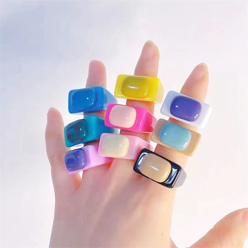 Wholesale Women Resin Acrylic Square Geometric Splicing Candy Color Cute Women Rings For Girl Finger Party Travel Jewelry