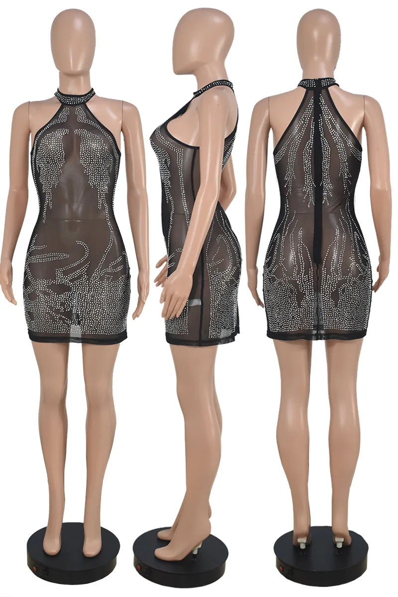 New Style Sequined Rhinestone Decoration Prom Dresses Summer Transparent Mesh Sleeveless Sexy Women Club Dress