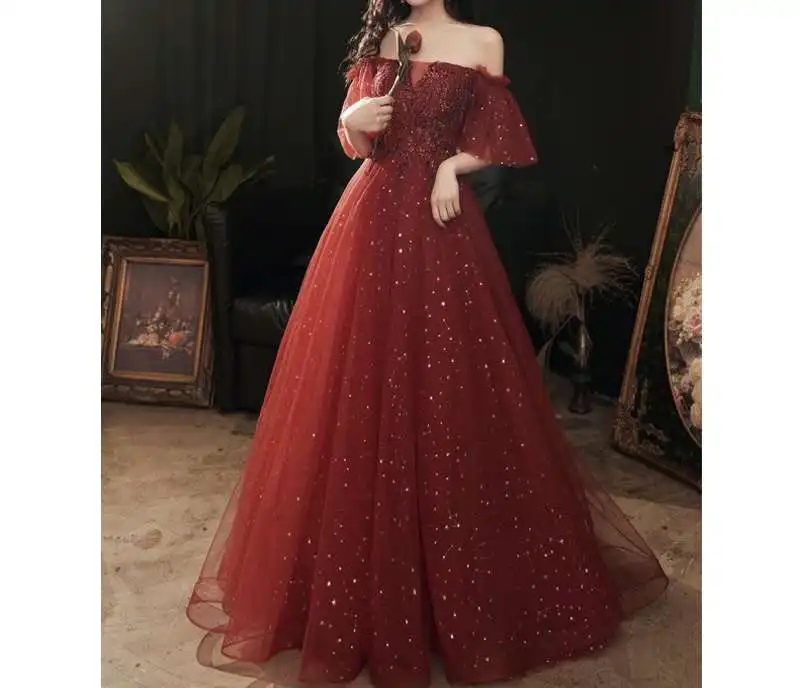 Hot Selling Multi Color Optional Lace Pearl Sequin Evening Wedding Dress For Women