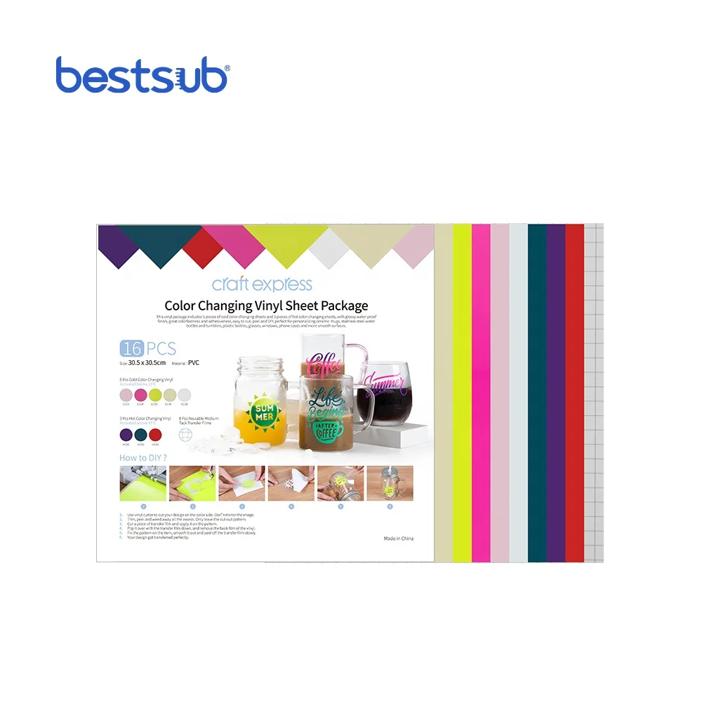 BestSub Wholesale Personalized 8 Sheets Craft Vinyl Assorted Color Changing Adhesive Vinyl Heat Press Transfer Sheets Pack