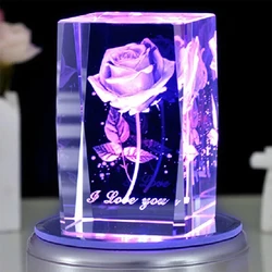 Wedding gifts Led Light Glass crystal Cube Rose 3D Laser Engraved Crystal blank With Base