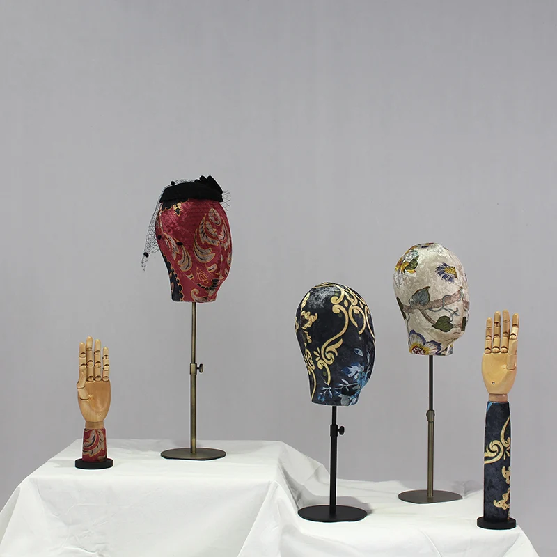 high quality fabric covered wrapped wig fiberglass head mannequin head fashion with adjustable stand for hat scarf display