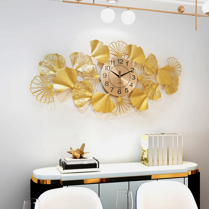 Wall Clock Gold Ginkgo Biloba Flower Retro Home Living Decor Metal Art