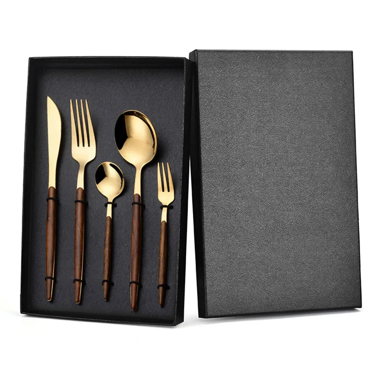 Latest Designs 5 Piece Home Hotel Gold Forks Bulk Gold Stainless Steel Flatware Set With Wooden Handle