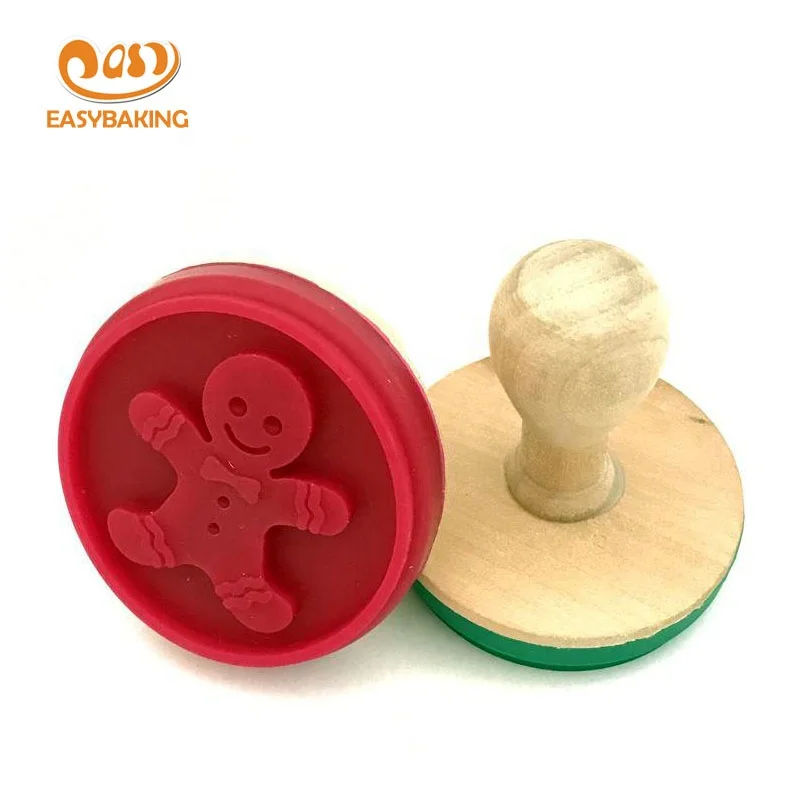 Factory Wholesale Custom Baking Tools Christmas Pattern Silicone Cookie Stamp With Wooden Handle