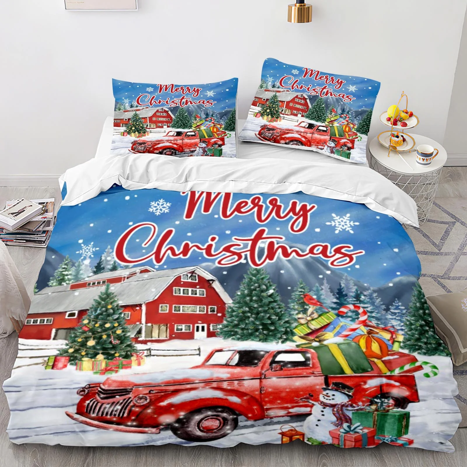 Custom 3D Printed Christmas Floral Cartoon Modern 3-Piece Duvet Cover Set Red Famous Car Tree Snow Polyester Comfort Cover Sets