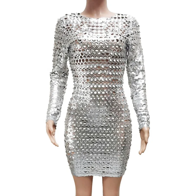 Sexy Long Sleeve Faux Leather Hole Punched Club Dress 2022