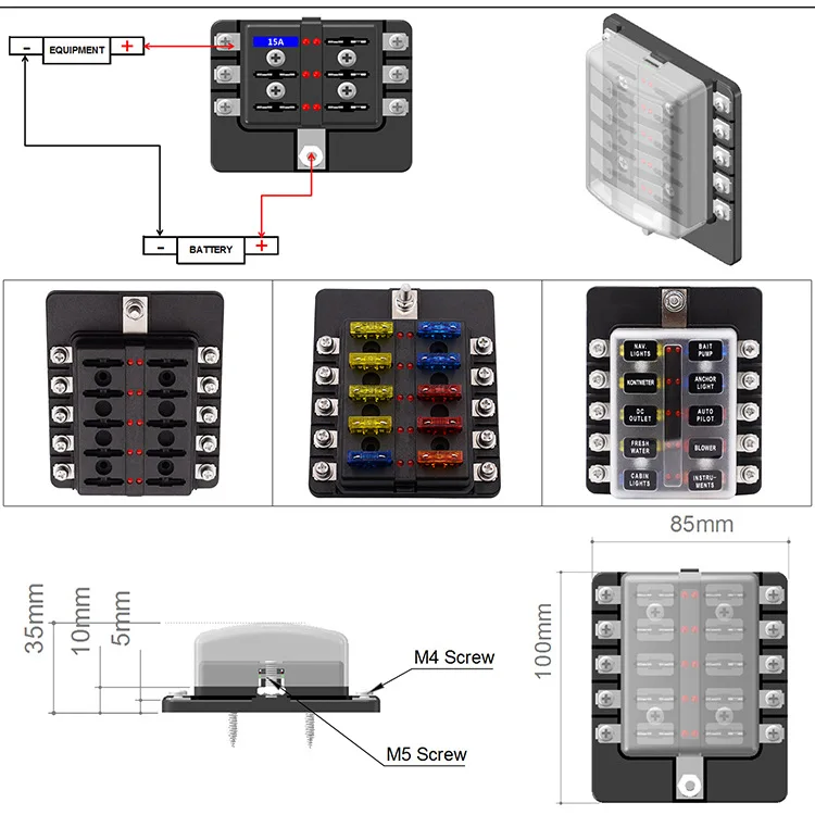 10 Way Fuse Box 32V DC Blade Auto Car Power Distribution Block Fuse Holder With LED Indicator Waterpoof Protection Cover For Car