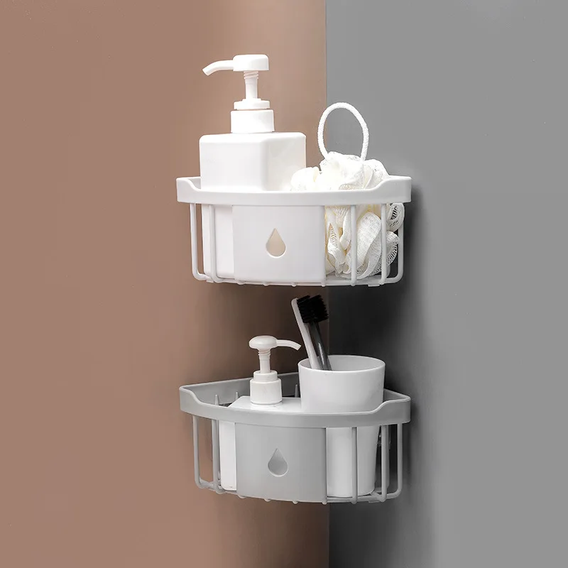 2021Hot-selling Wholesale Punch-free corner shelf toilet wash rack bathroom seamless wall-mounted tripod storage rack
