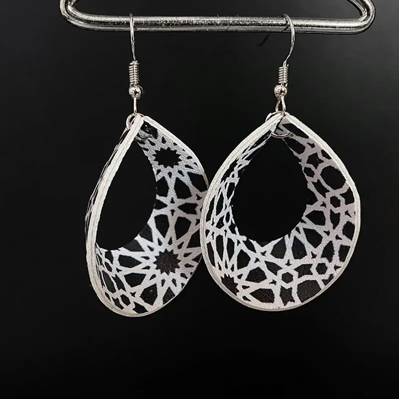  Spring Summer Tie-Dye Drop Earrings Three-Dimensional Leather Printing Popular Plaid Geometry