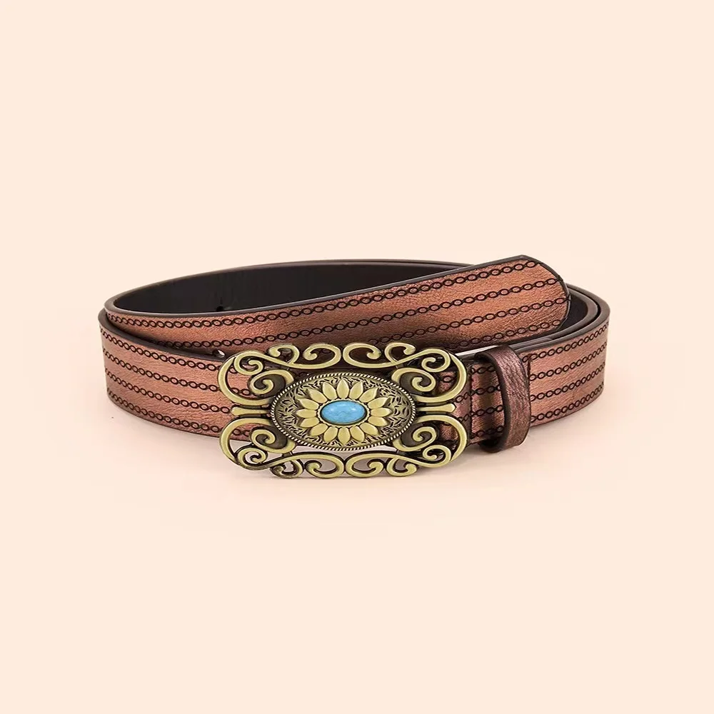 Fashion turquoise bronze  print alloy  buckle belt ethnic brown belt for ladies dress