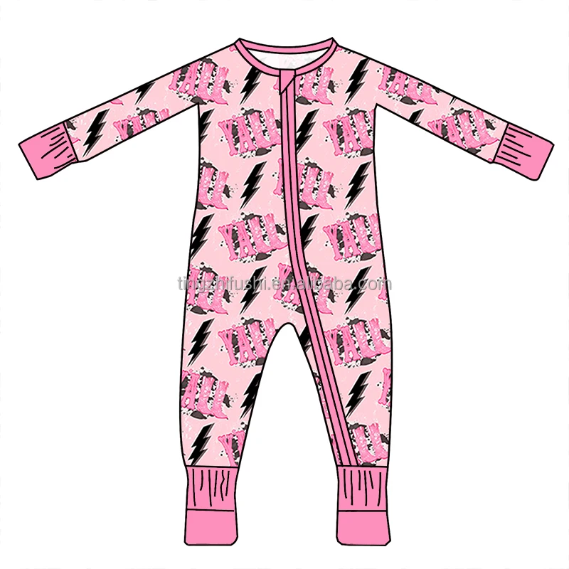 Custom Print Newborn Bamboo Double Zipper Pajamas Infant Western Cowboy Cartoon Clothes Baby Bamboo Sleeper Zippy Romper