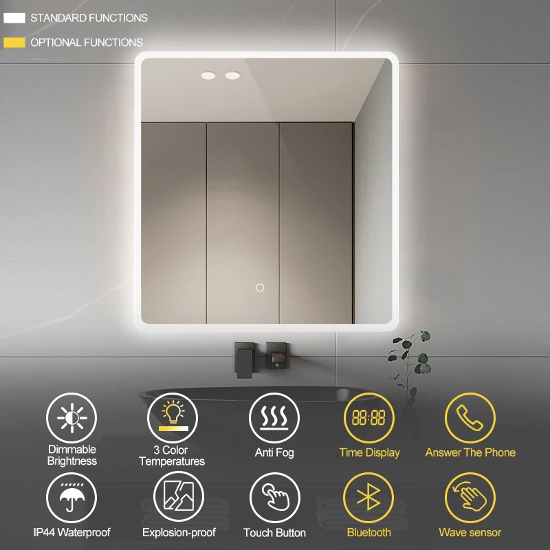 CORELEAD M3041 60*70cm Rectangle Modern Design Smart LED Mirror with Plastic Frame One Touch Screen for Bathroom Use