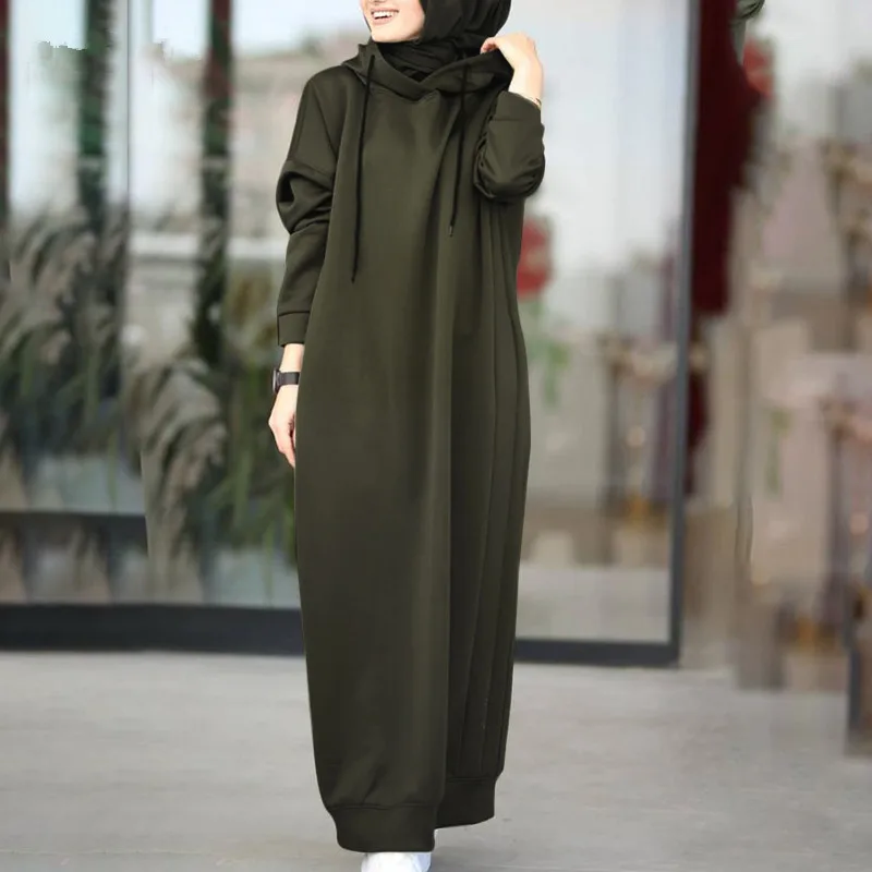 Solid Color Of Long Style Set Islamic Clothing Autumn Winter Hooded Coat For Abaya Women Muslim Dress And Lady Hoodies Coat