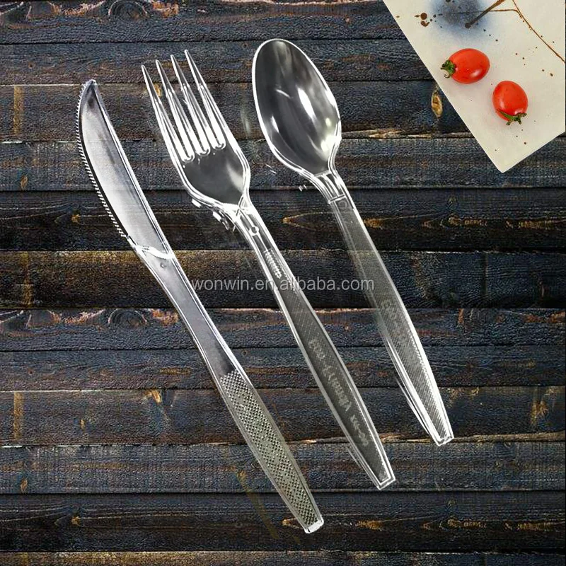 
High quality cheap disposable plastic knife fork spoon transparent PS cutlery with napkin 