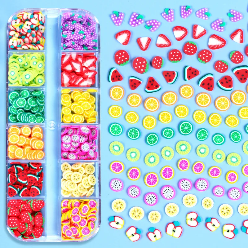 12 Grid Mixed 3D Fruit Slices Sticker Polymer Clay DIY Designs Sequins Nail Art Sliders Accessories Manicure Decoration
