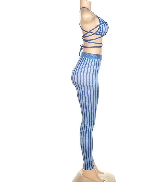 Casual women suits street wear 2022 summer fashion bandage crop bra top with tight stretch striped legging pants 2 Piece set