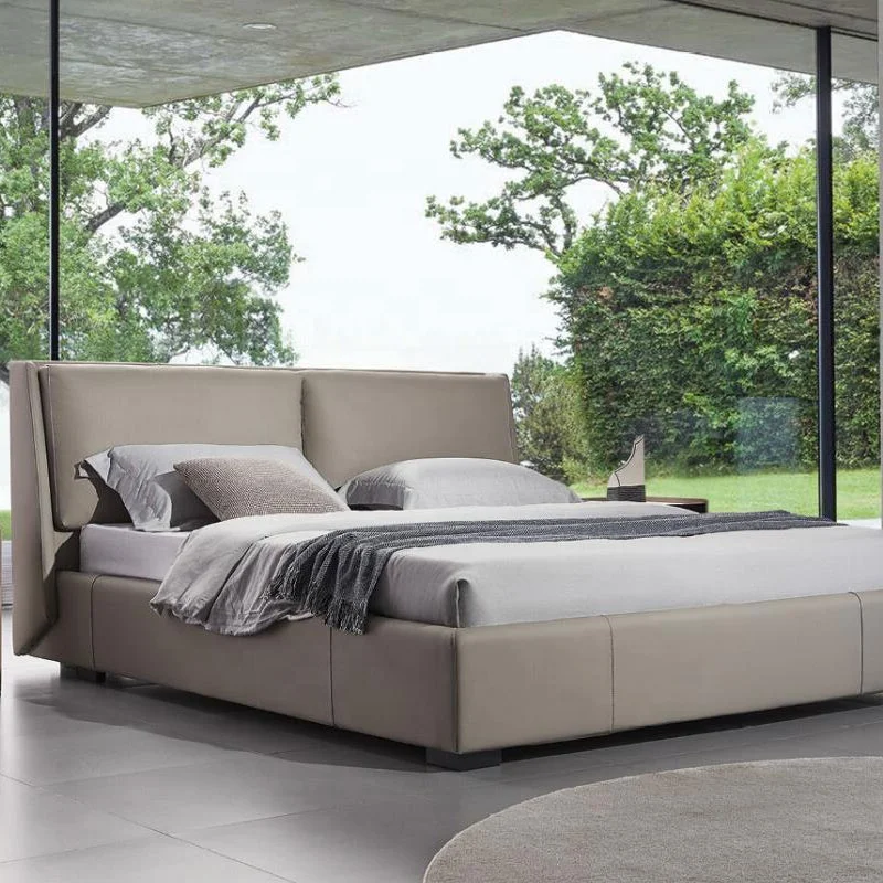 Modern luxury villa bedroom furniture adult double bed solid wood dark grey leather bed