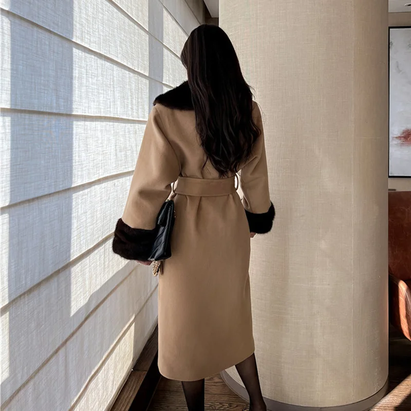 Elegant Winter Mink Fur Collar Cuffs Alpaca Coat Double Sides Long Wool Cashmere Coats Women with Belt