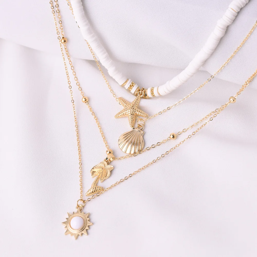 wholesale cross-border new products from Europe and America retro soft pottery starfish shells sun coconut trees alloy necklace