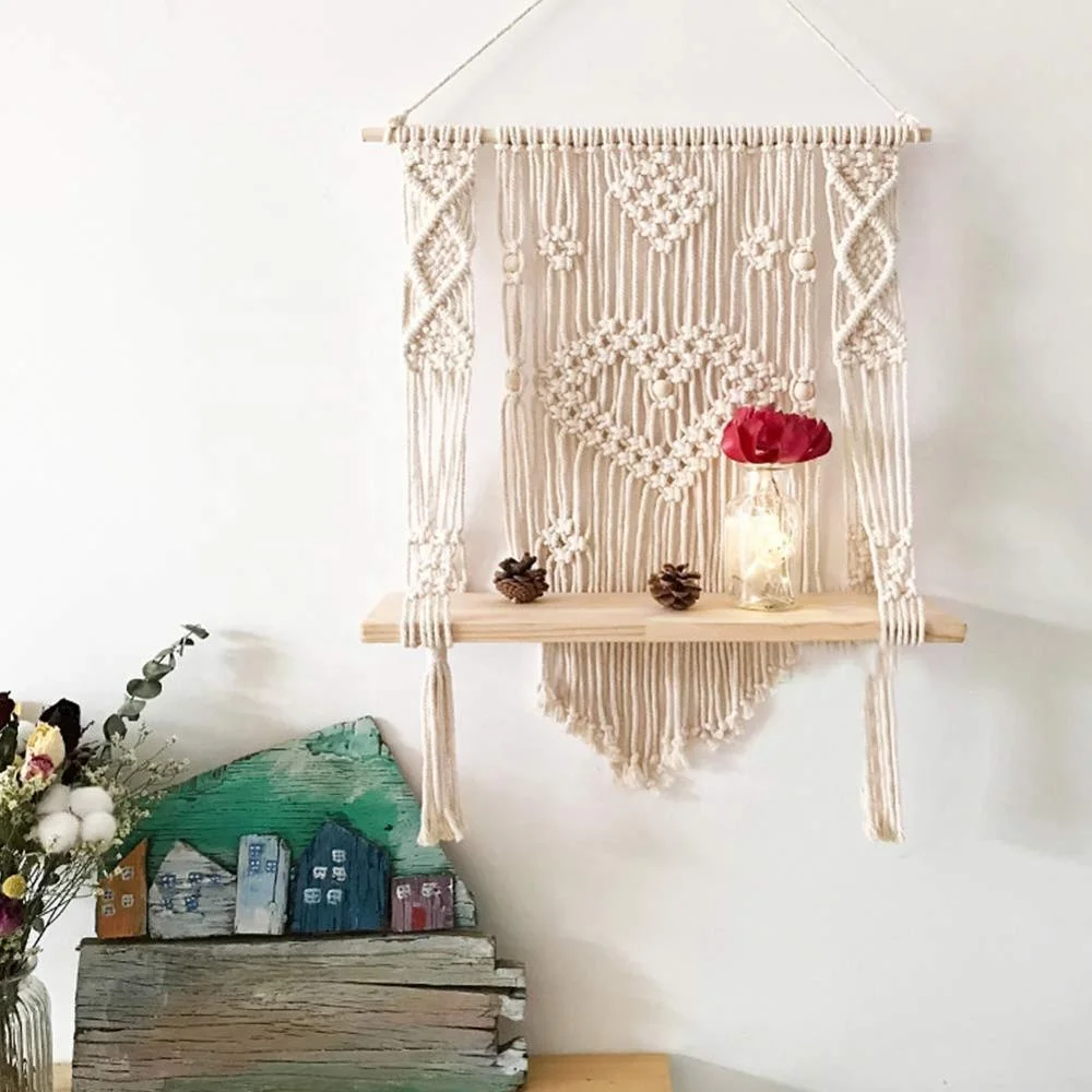 Macrame Wooden Floating Shelf  wall  Decor