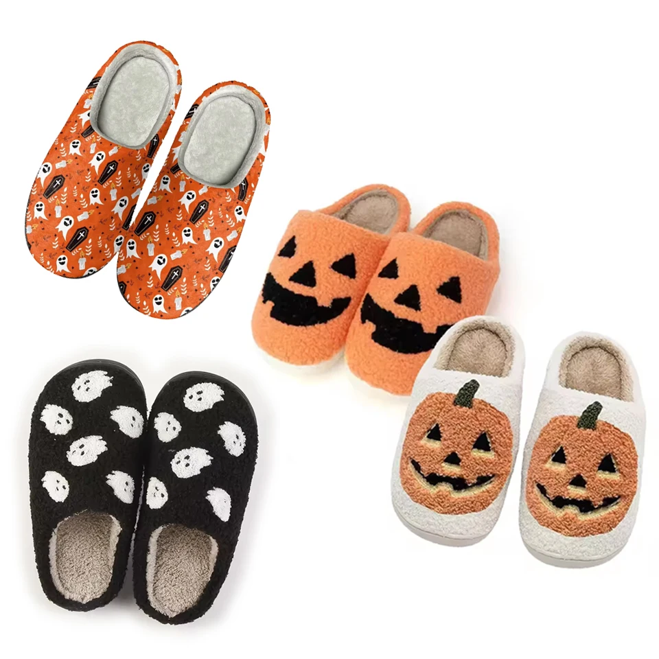 Wholesale ready to ship Halloween Christmas gift home pumpkin lantern hot sales fur shoes fashion styles embroidery fur slippers