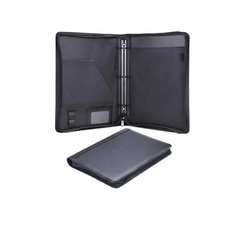 Multifunction Folder For Business Men and Women Zippered PU Leather Portfolio With 3 Rings Loose-leaf Folder Binder Padfolio