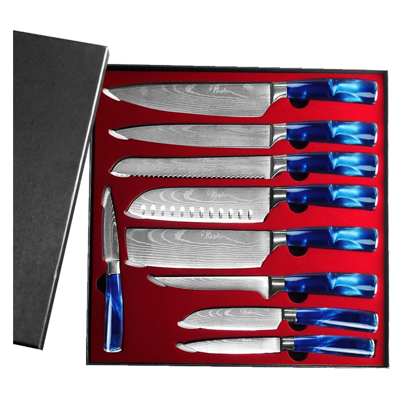 Professional laser pattern blades high carbon custom handle boning fruit paring chopping cleaver grill chinese chef knife set