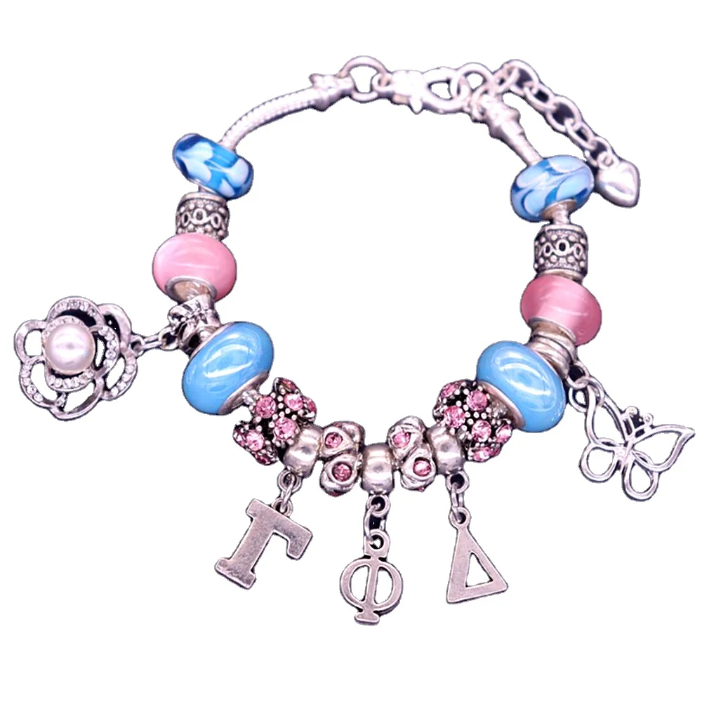 Wholesale silver plated snake chain bracelet greek letter Gamma Phi Delta sorority souvenir jewelry butterfly charms  bracelet