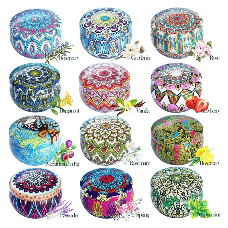 Amazon Hot sale soy wax scented candle  luxury customization aromatherapy candles In Tin Box Gift Set Of 12