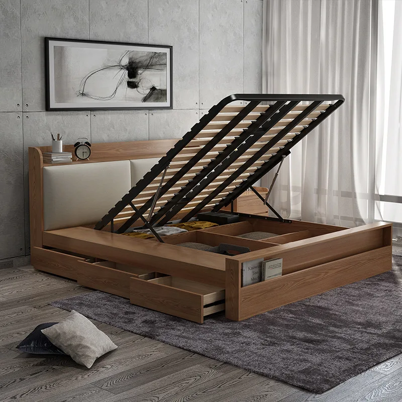 Modern up-holstered beds bedroom set king queen size wood bed with storage drawers