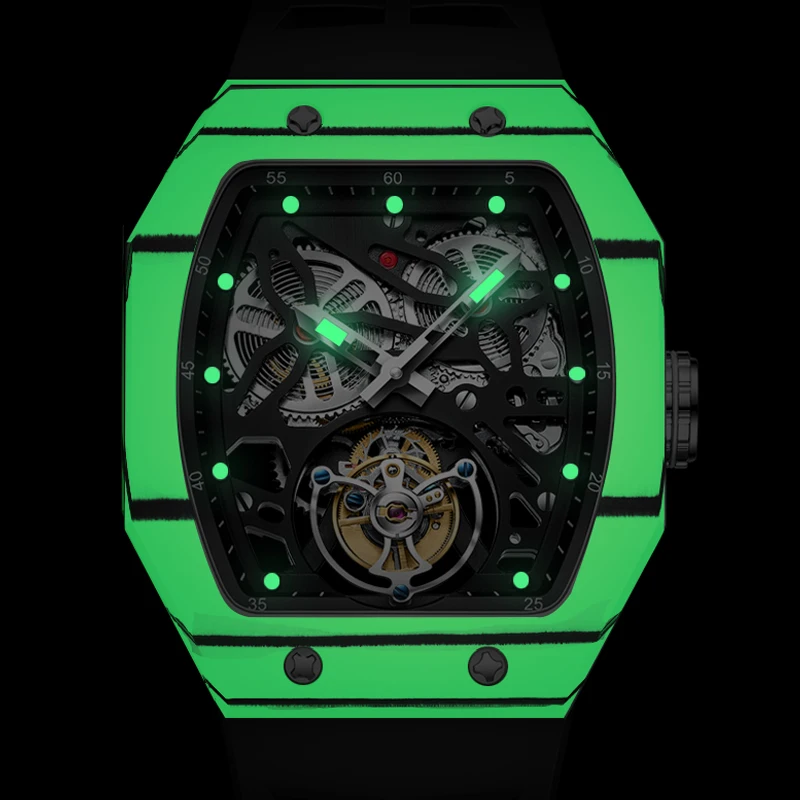 JINLERY Richard Tourbillon Carbon Fiber Cover Edition Luminous Hand Fluorescent design Mechanical Richard Tourbillon Watch