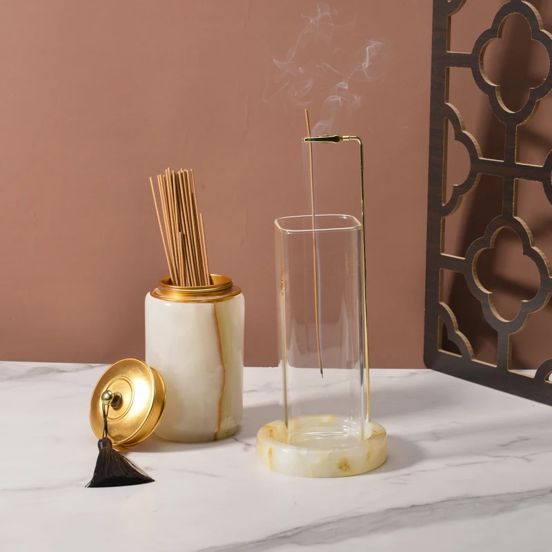 top sale yinhe stone unique design luxury marble onyx Incense stick Holder with Glass Ash Catcher anti-ash Incense Burner set