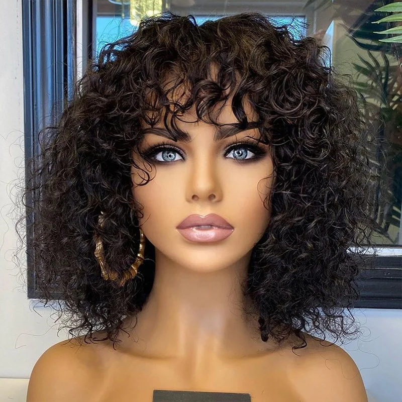 100% Virgin Cuticle Aligned Human Hair Curly Wig,Wholesale Machine Made Wig,Curly Short Fringe Wigs With Bang For Black Women