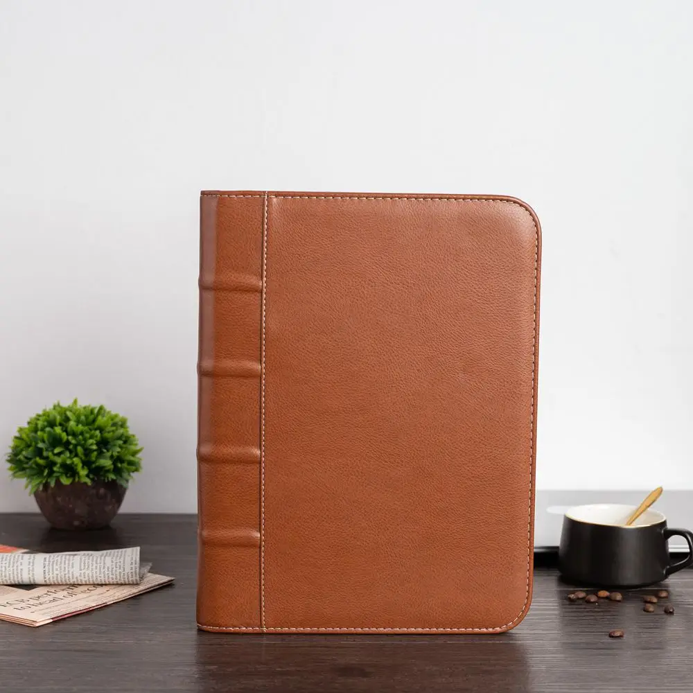 Fashion Leather Business Folder Portfolio Bag A4 Brown File Folder Organizer Full Zipper Closure Padfolio