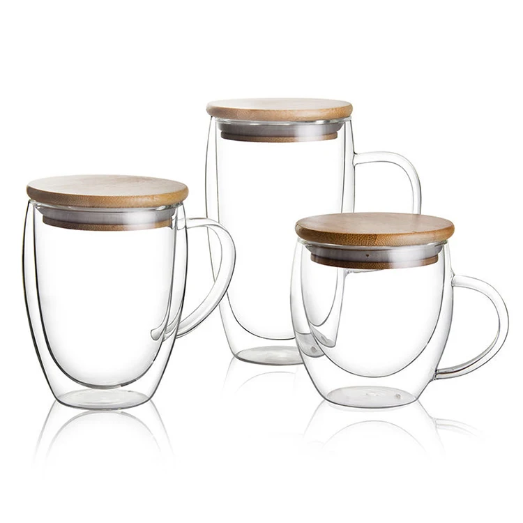 Top Selling 250ml 8.4oz Double Wall Glass Cup with Bamboo Lid Custom Glass Cup for Coffee or Tea