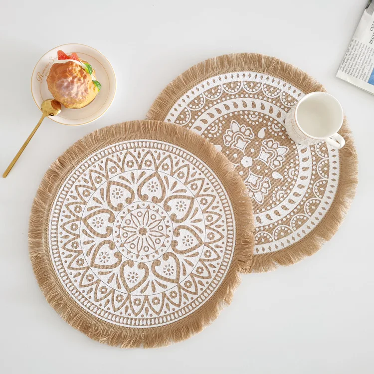 Round Jute Burlap Table Woven Placemat Vintage Handmade Woven Fringe Placemat