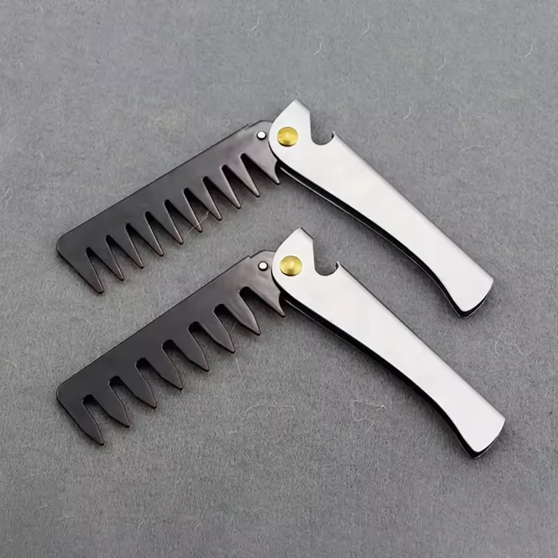 Wholesale Metal Foldable Beard Comb Travel Pocket Clip Stainless Steel For Men Grooming Hair Moustache Beard Comb
