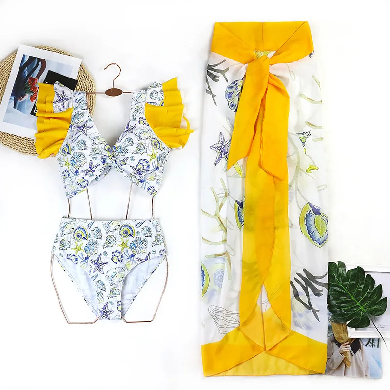 2023 Women Bathing Suit Floral Ruffled Swimwear Vintage High Waist Bikini Set With Sarong